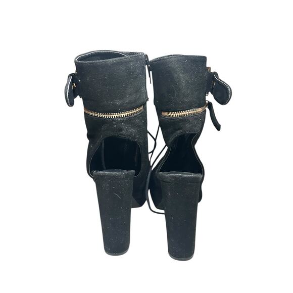 Olivia Jaymes Black Lace-Up Peep Toe Booties Heels w/ Gold Buckle Detail Size 9 - Picture 4 of 5